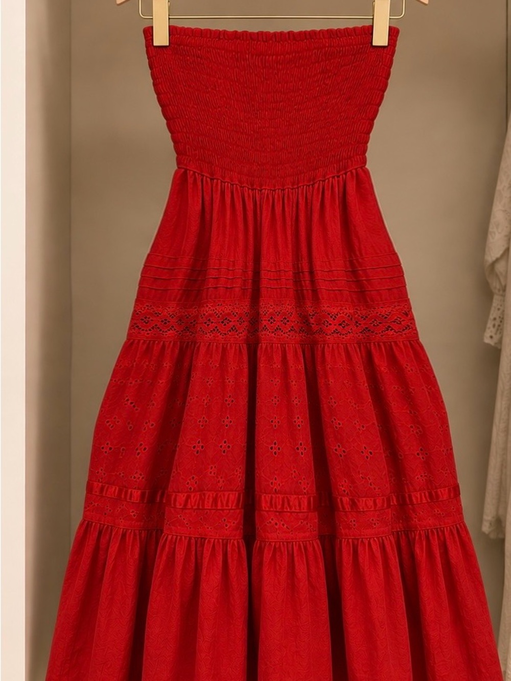 Red Strapless Smocked Tiered Dress